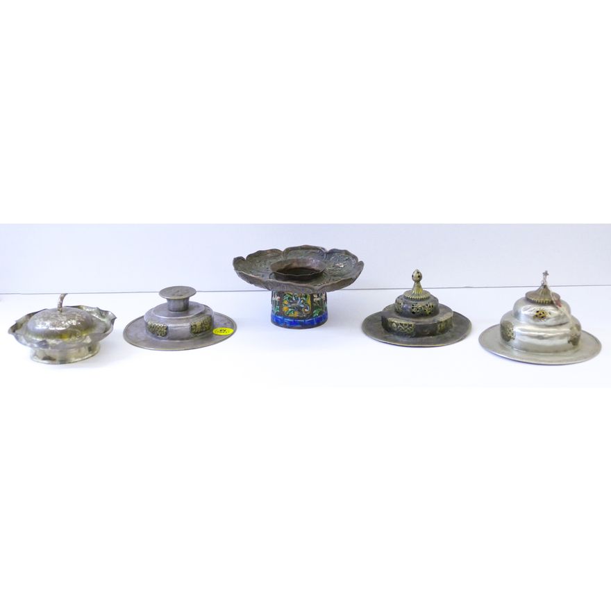 Tray 5pc Old Tibetan & Chinese Metal Cup Stands and Covers