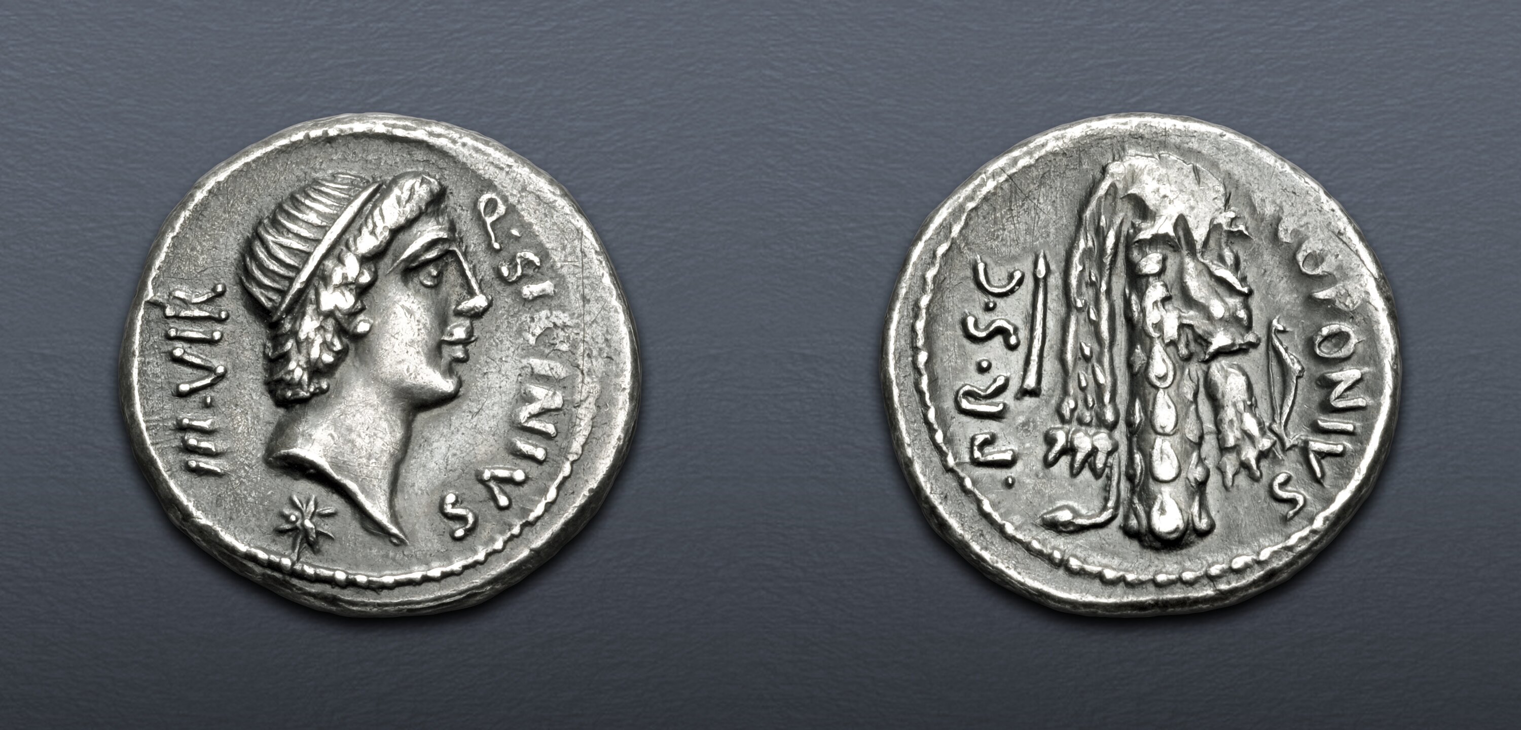The Pompeians. Q. Sicinius and C. Coponius. 49 BC. AR Denarius (17.5mm ...