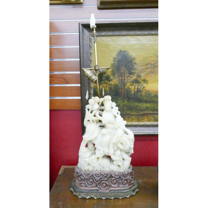 Large Chinese Quanyin Riding Foo Lion Soapstone Table Lamp- 33''
