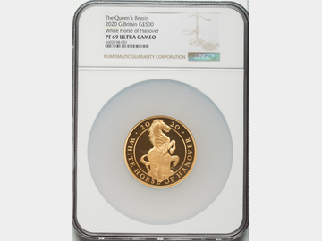 2020 QUEENS BEAST 'WHITE HORSE OF HANOVER' GOLD 5oz PROOF 500 POUND COIN PF69 UCAM