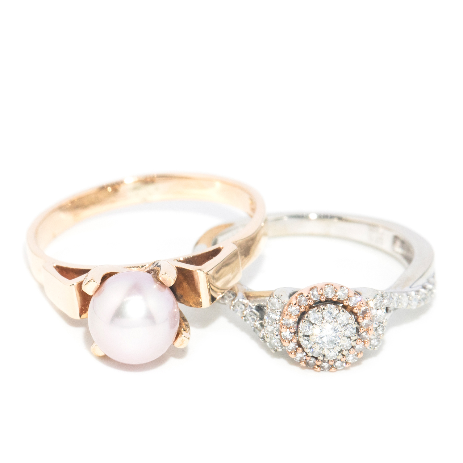 Pink Pearl Ring in 9ct Gold & Diamond Cluster Ring in 10ct Gold