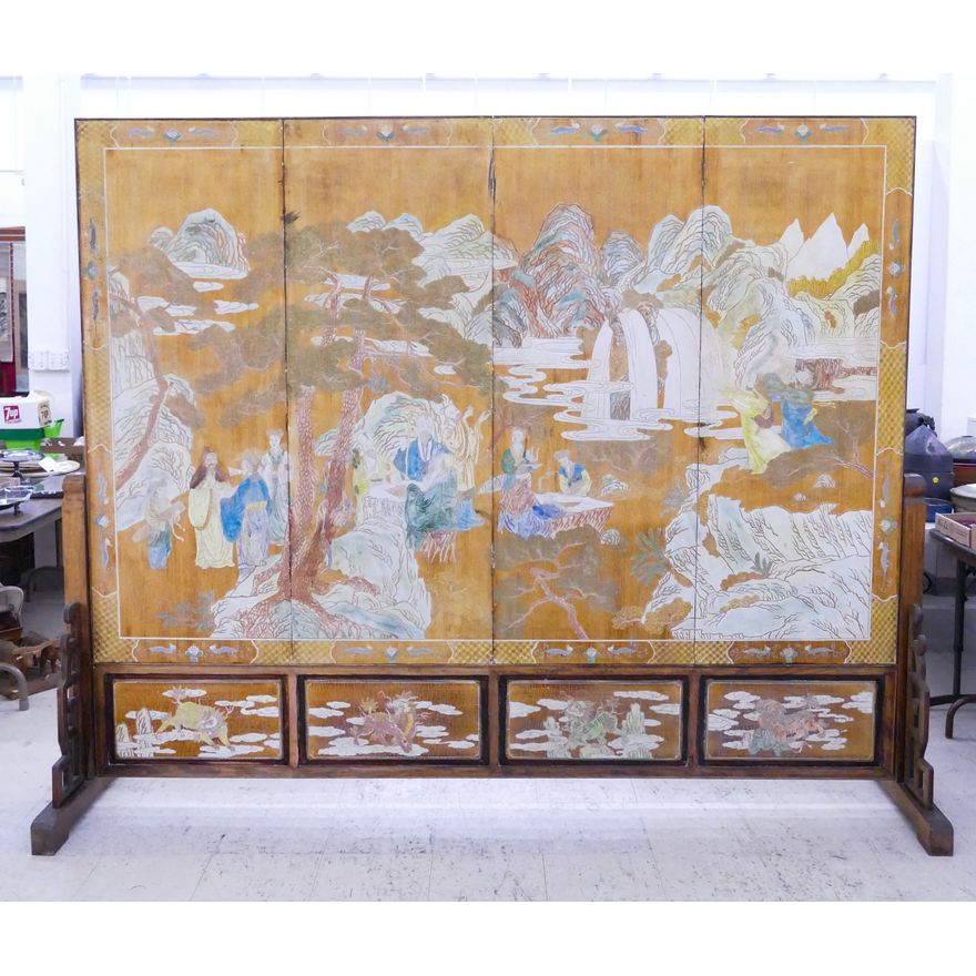 Old Chinese Lacquered 4 Panel Room Screen on Stand- 81 x 100 x 23''