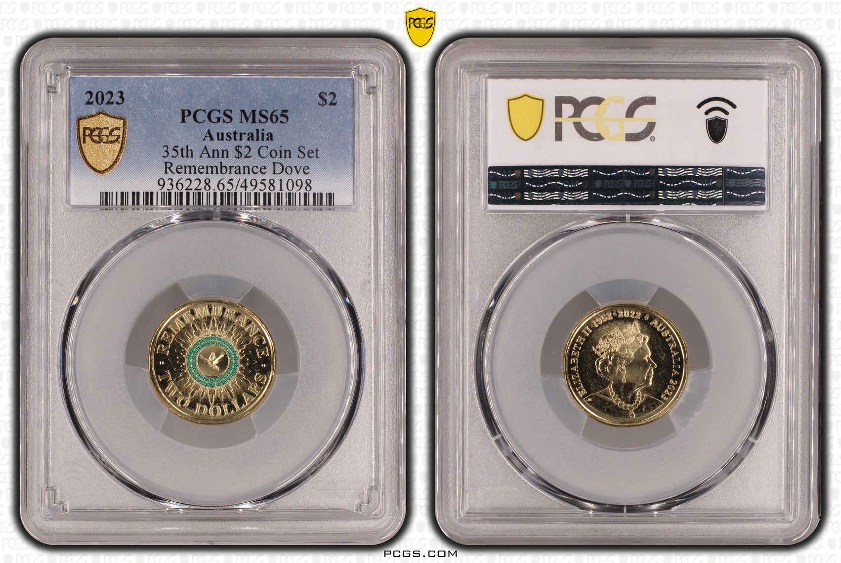 Elizabeth II, 35th Ann $2 Coin Set Colorized Remembrance Dove , Two Dollar, 2023, PCGS MS65