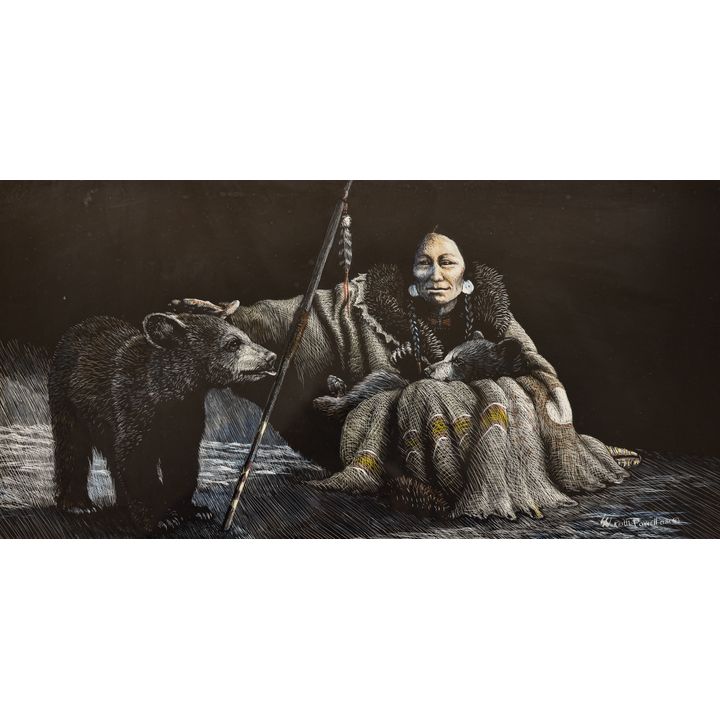Keith Powell ''Bear Mother'' (Indian) Scratchboard Artwork Framed 18''x27''