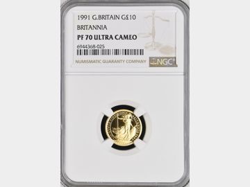 1991 ELIZABETH II BRITANNIA GOLD 1/10oz PROOF 10 POUND COIN PF70 UCAM TOP POP!