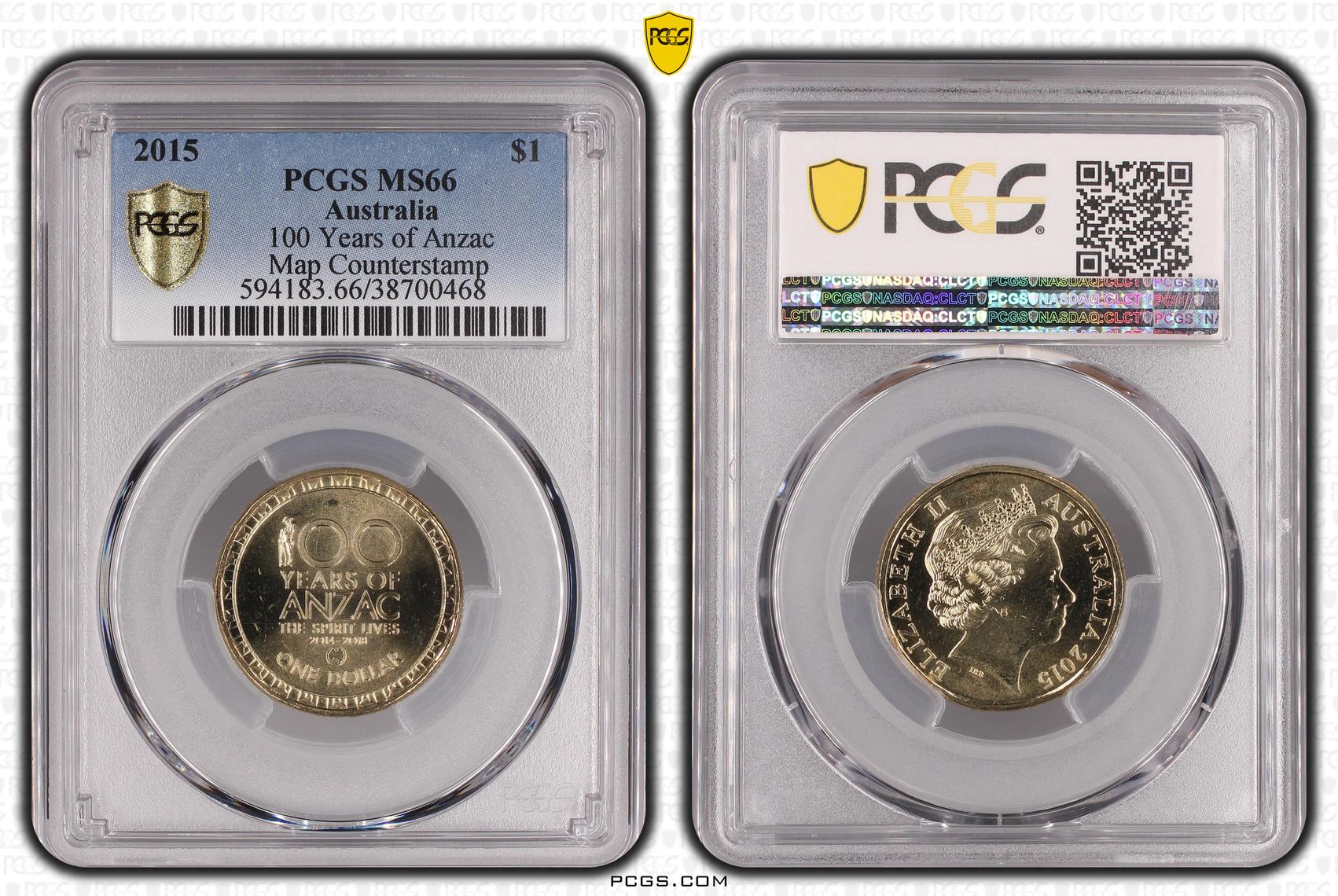 431 · 100 Years of Anzac, Map Counterstamp, One Dollar, 2015, PCGS MS66