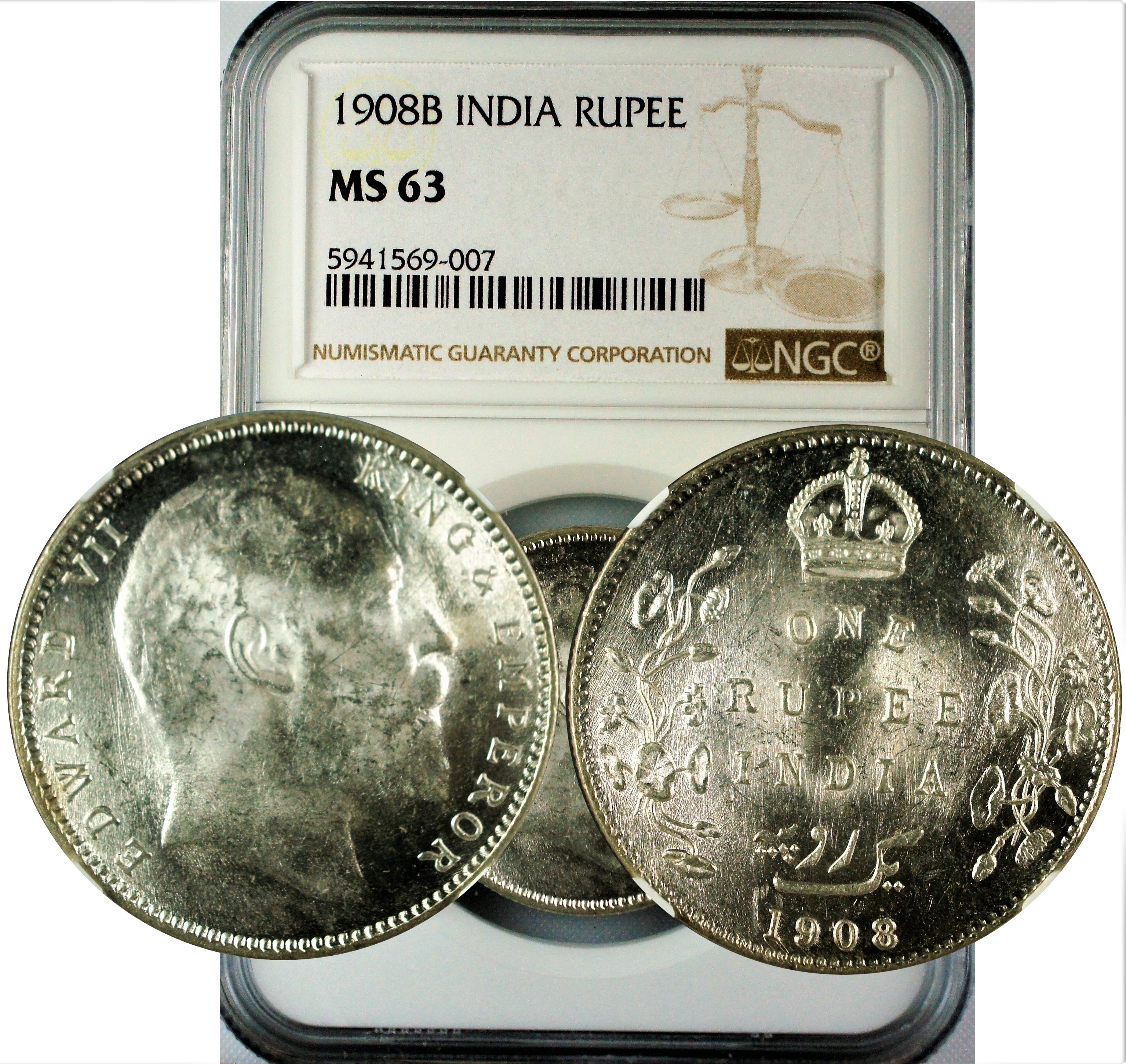 India 1908 B Rupee NGC MS63