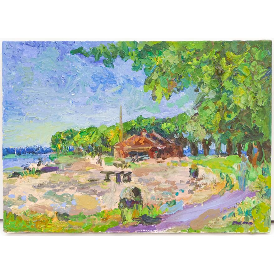 Joe Reno ''Park by the Lake'' Signed Oil on Canvas 10''x14''