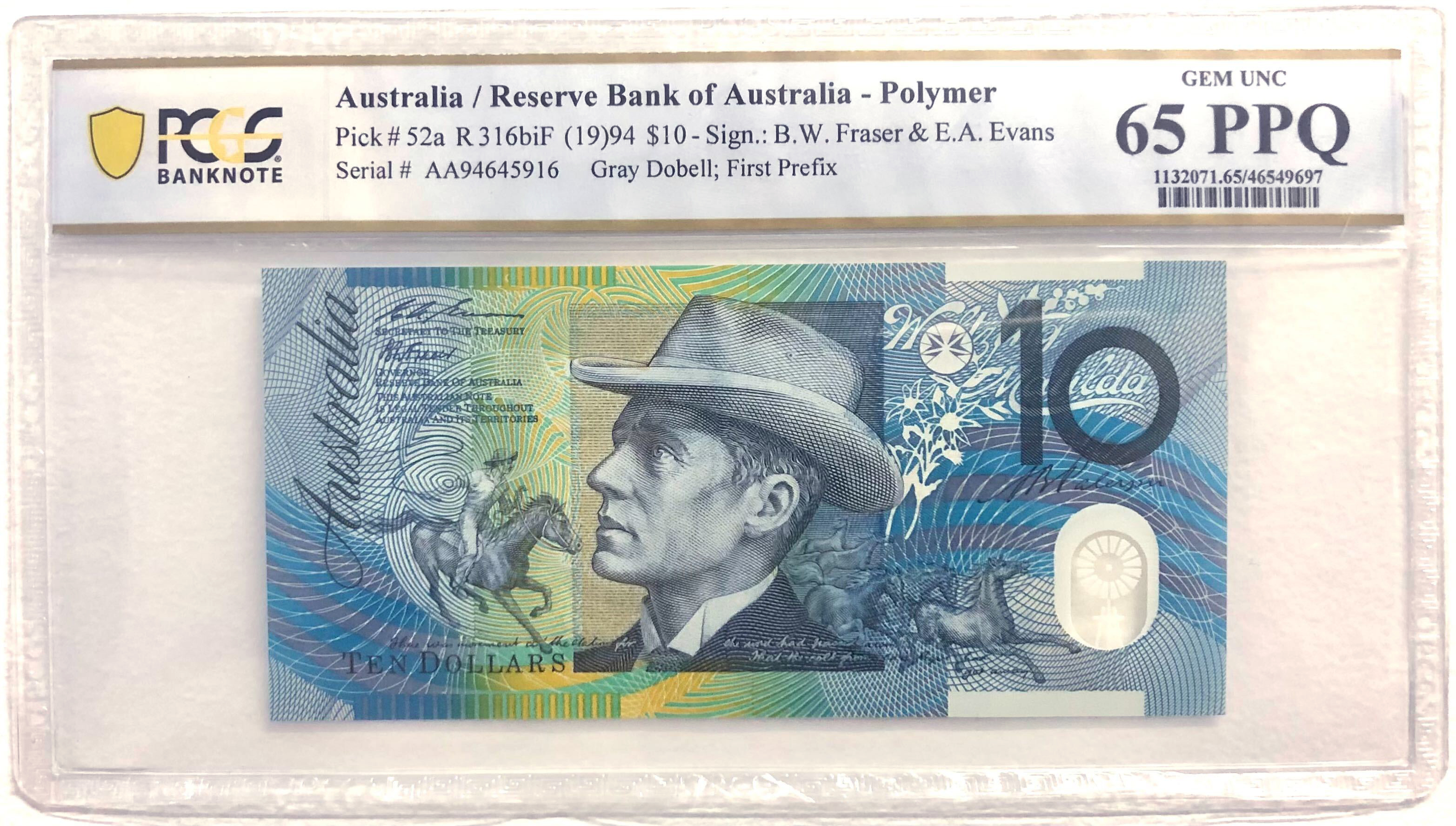Fraser/Evans, First Prefix, Grey Dobell, Ten Dollar, 1994, PCGS Gem UNC 65 PPQ