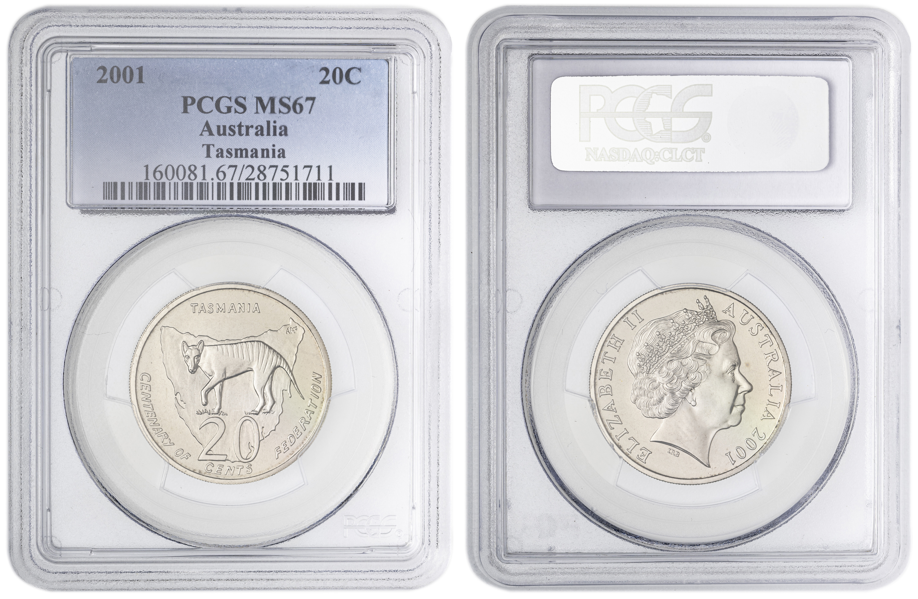 Tasmania , Twenty Cent, 2001, PCGS MS67