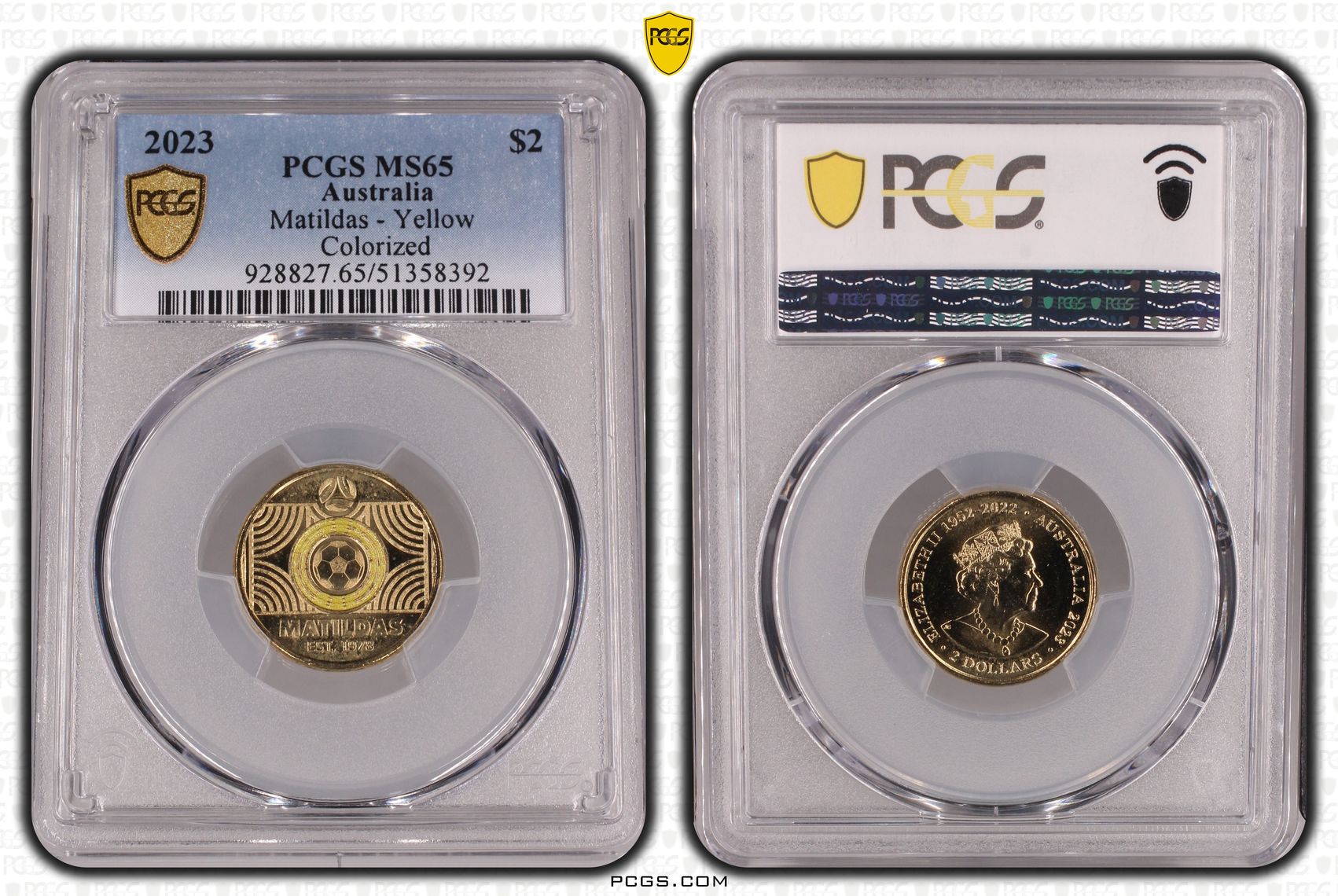 Matildas - Yellow Colorized, Two Dollar, 2023, PCGS MS65