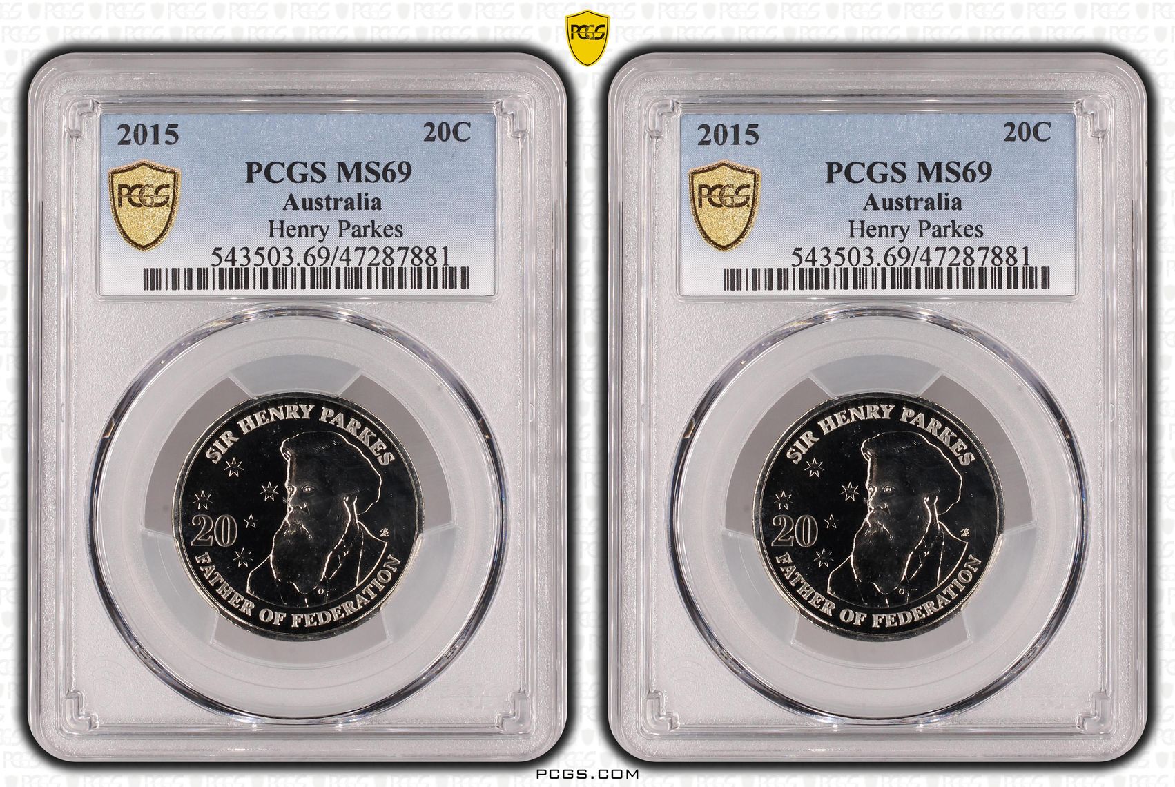 91 · Elizabeth II, Henry Parkes, Pop 5/0, Twenty Cent, 2015, PCGS MS69