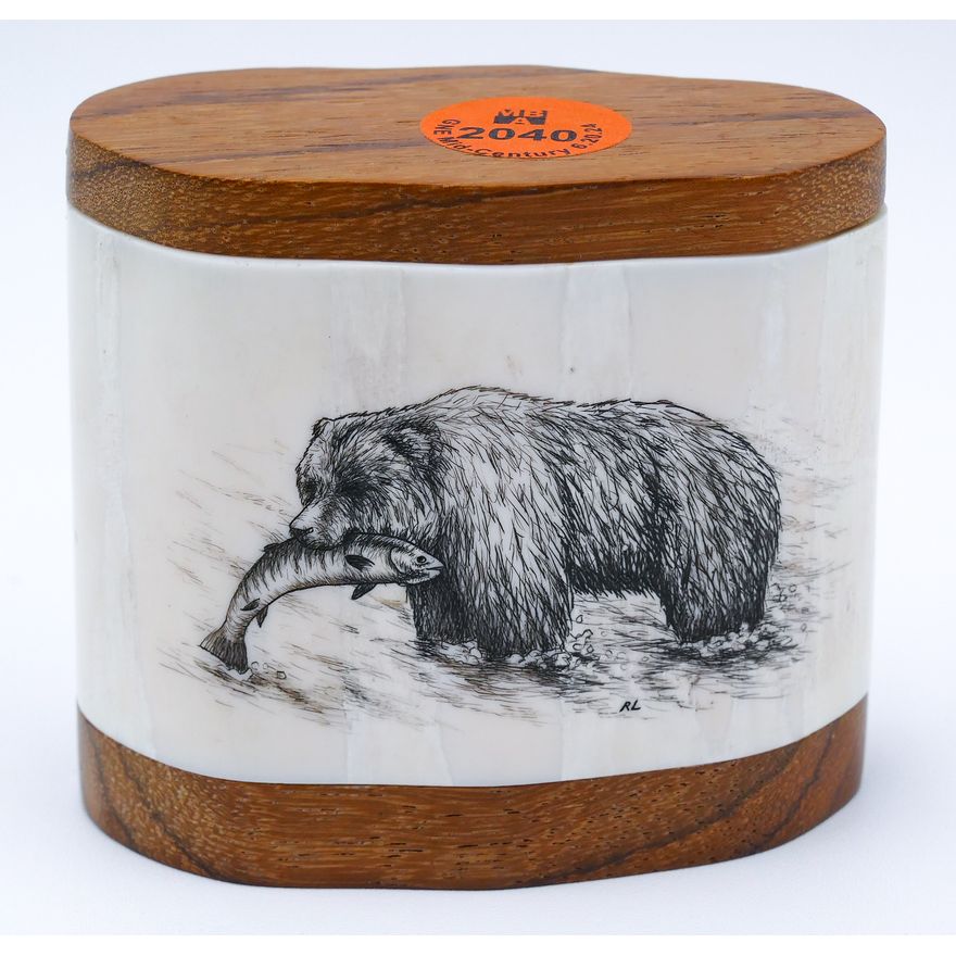 Alaskan Scrimshawed Bear with Salmon Box 3'' - Initialed RL