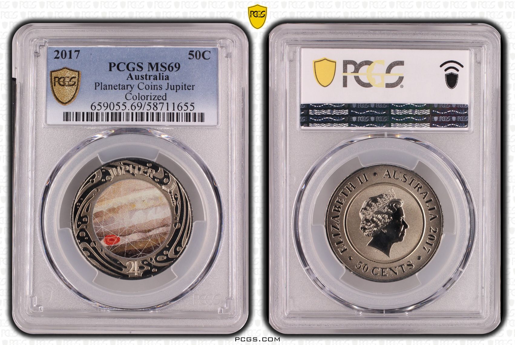 Planetary Coins Jupiter Colourised, Fifty Cent, 2017, PCGS MS69