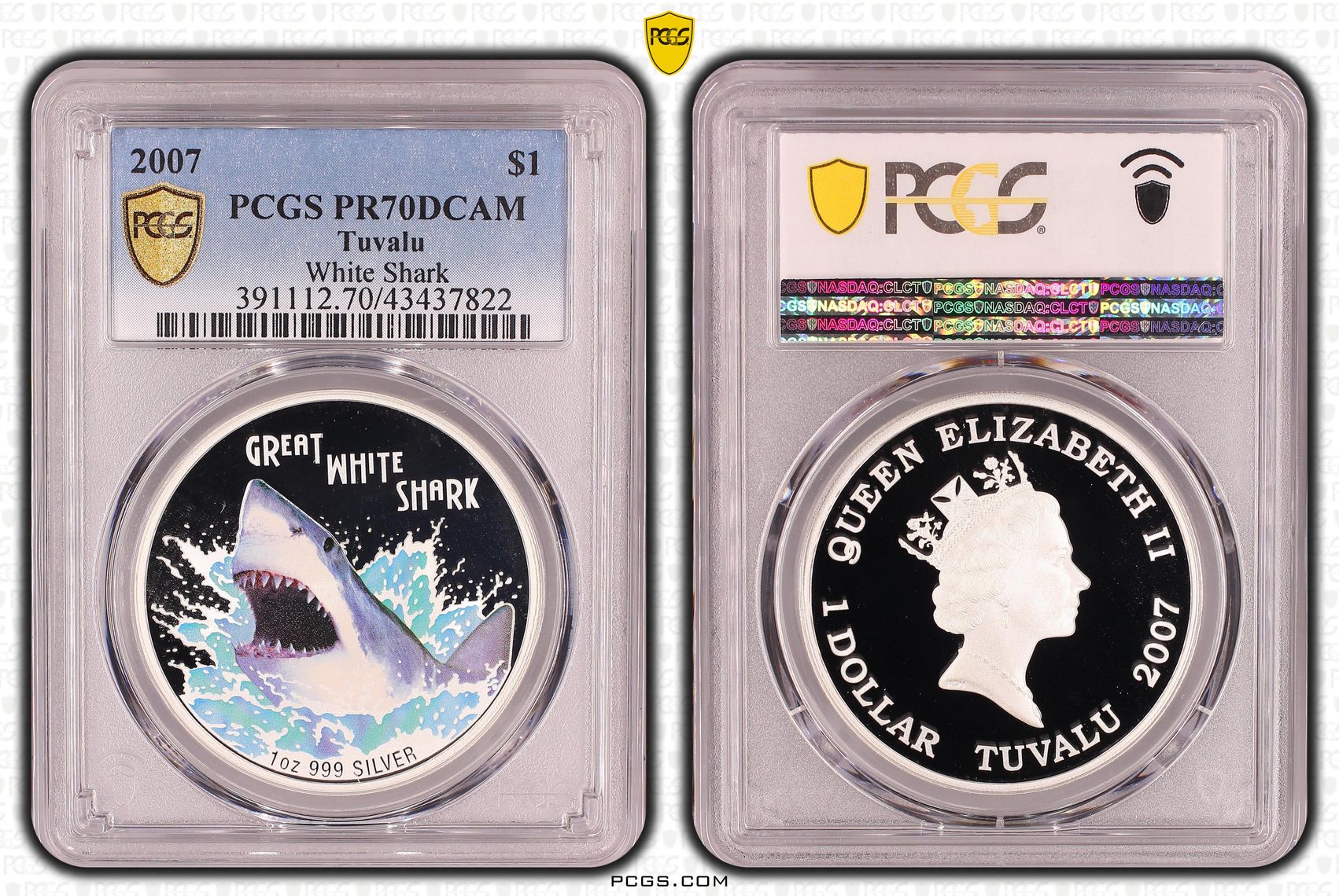 Tuvalu, Elizabeth II, Silver, White Shark, One Dollar, PR70DCAM , 2007 PCGS POP - 10/0