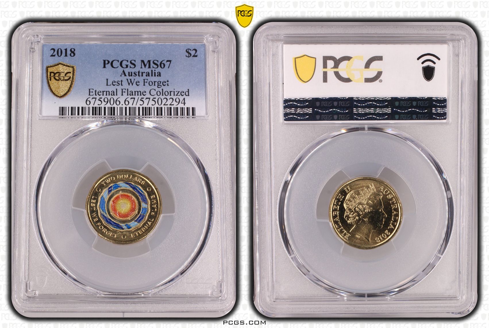 Lest We Forget Eternal Flame Colourised, Two Dollar, 2018, PCGS MS67