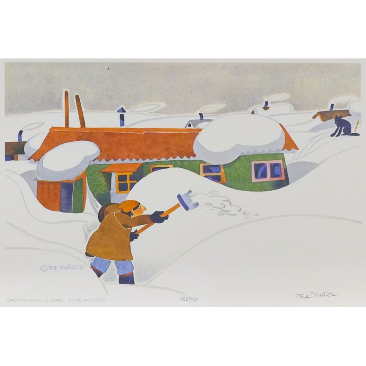 Rie Munoz "Shoveling Snow, Unalakleet" 1991 Signed Print 11.5" x 15.75" Sheet.