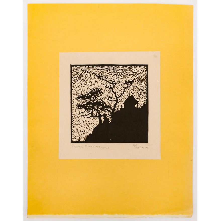 H. Jackson ''Pacific Skyline (Tree)'' Signed Woodcut on Tissue Mounted Sheet 6.5''x6''