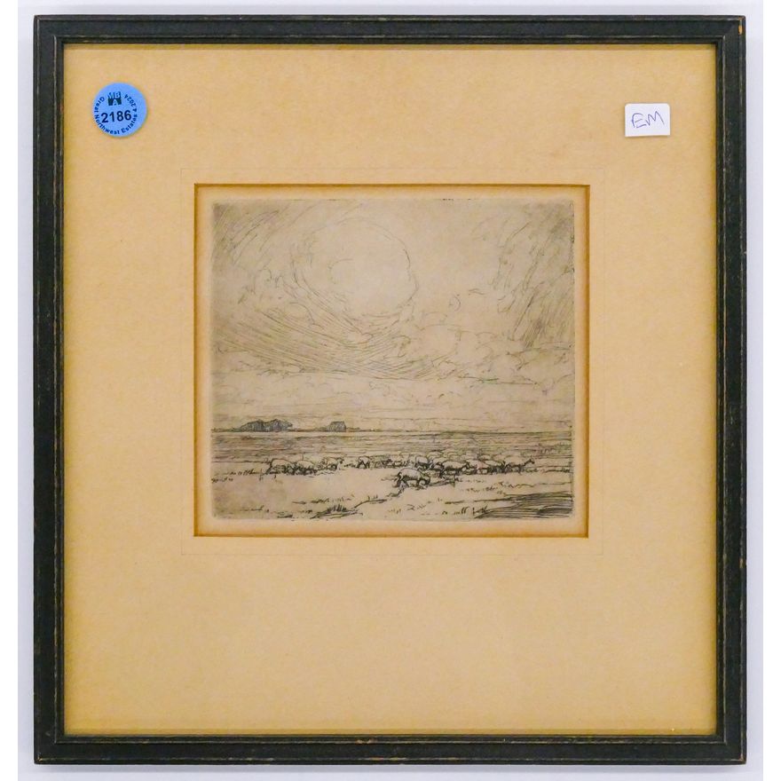 Old American ''Grazing Sheep in Landscape'' Etching Framed