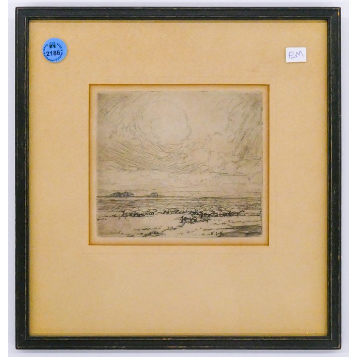 Old American ''Grazing Sheep in Landscape'' Etching Framed