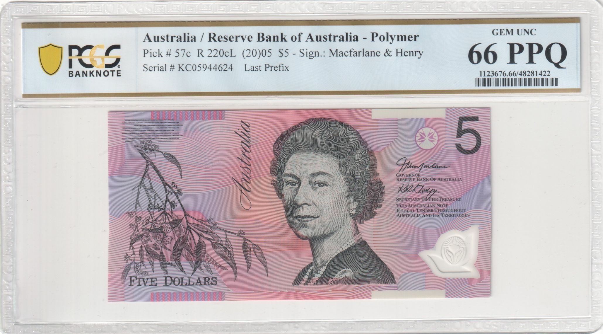 Macfarlane/Henry, Last Prefix, Five Dollar, 2005, PCGS Gem UNC 66 PPQ