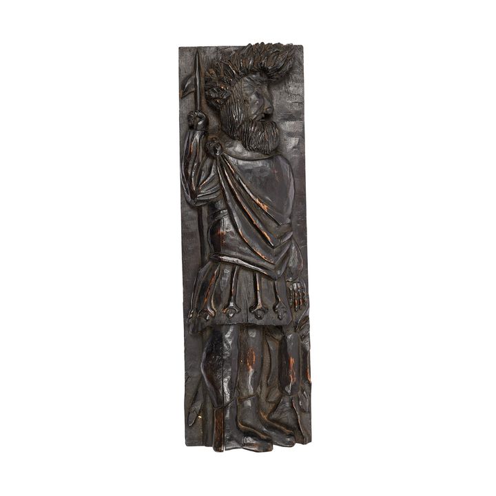 An oak architectural figure of a bearded soldier holding a spear, Flemish, 17th century