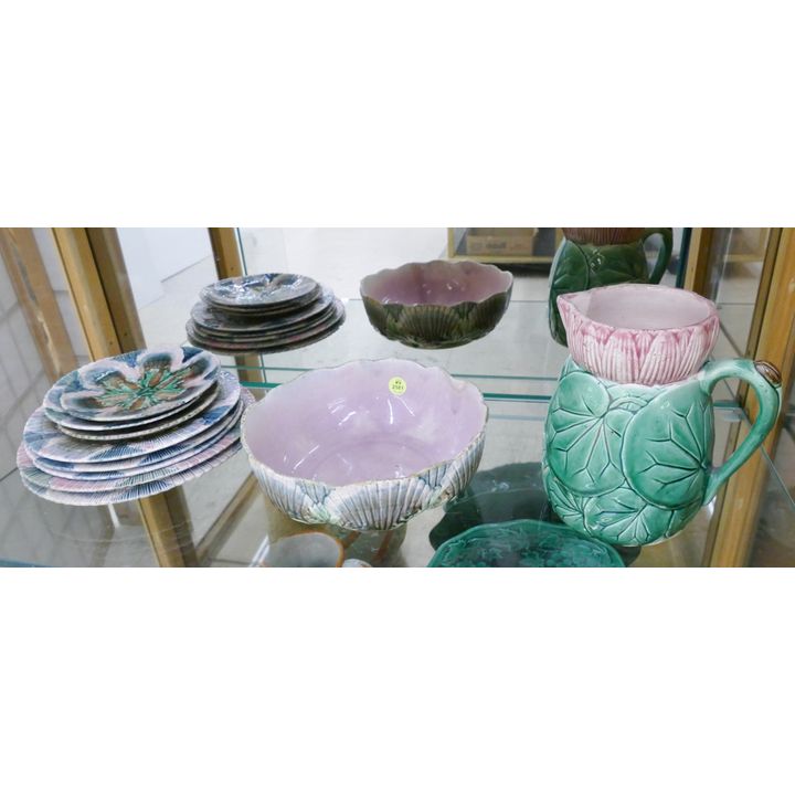 Shelf 10pc Antique Majolica Shell Pattern Wares Etc- 6'' to 9''