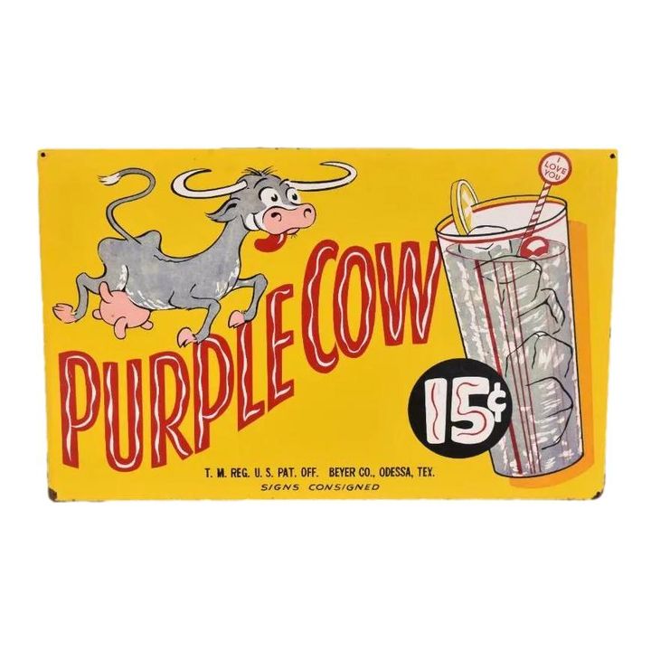 Purple Cow Soda 15 Cents & Cow Graphic Masonite Sign TAC 9