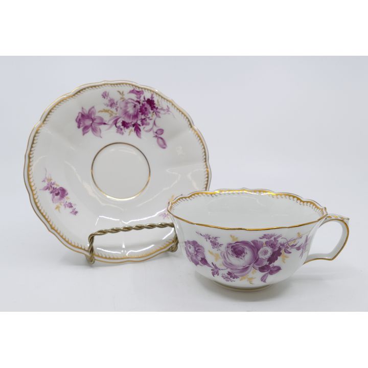 12pc Meissen Pink Flower Porcelain Flat Cups & Saucers