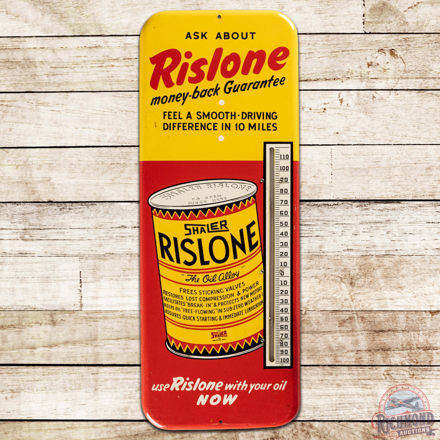 Shaler Rislone "The Oil Alloy" SS Tin Thermometer Sign w/ Can Logo