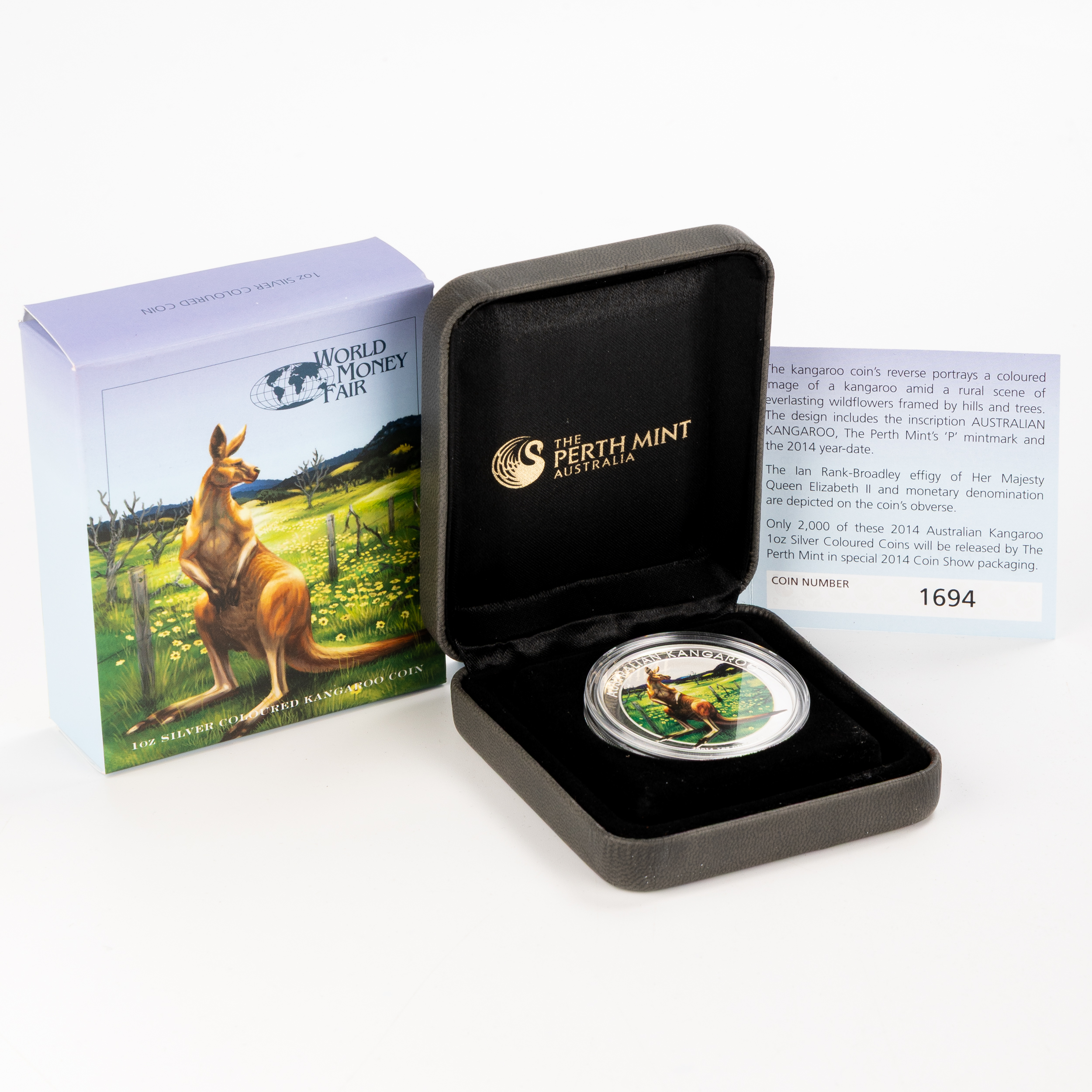 Elizabeth II, Perth Mint - Coloured Kangaroo, WMF, One Dollar, 2014-P, UNC