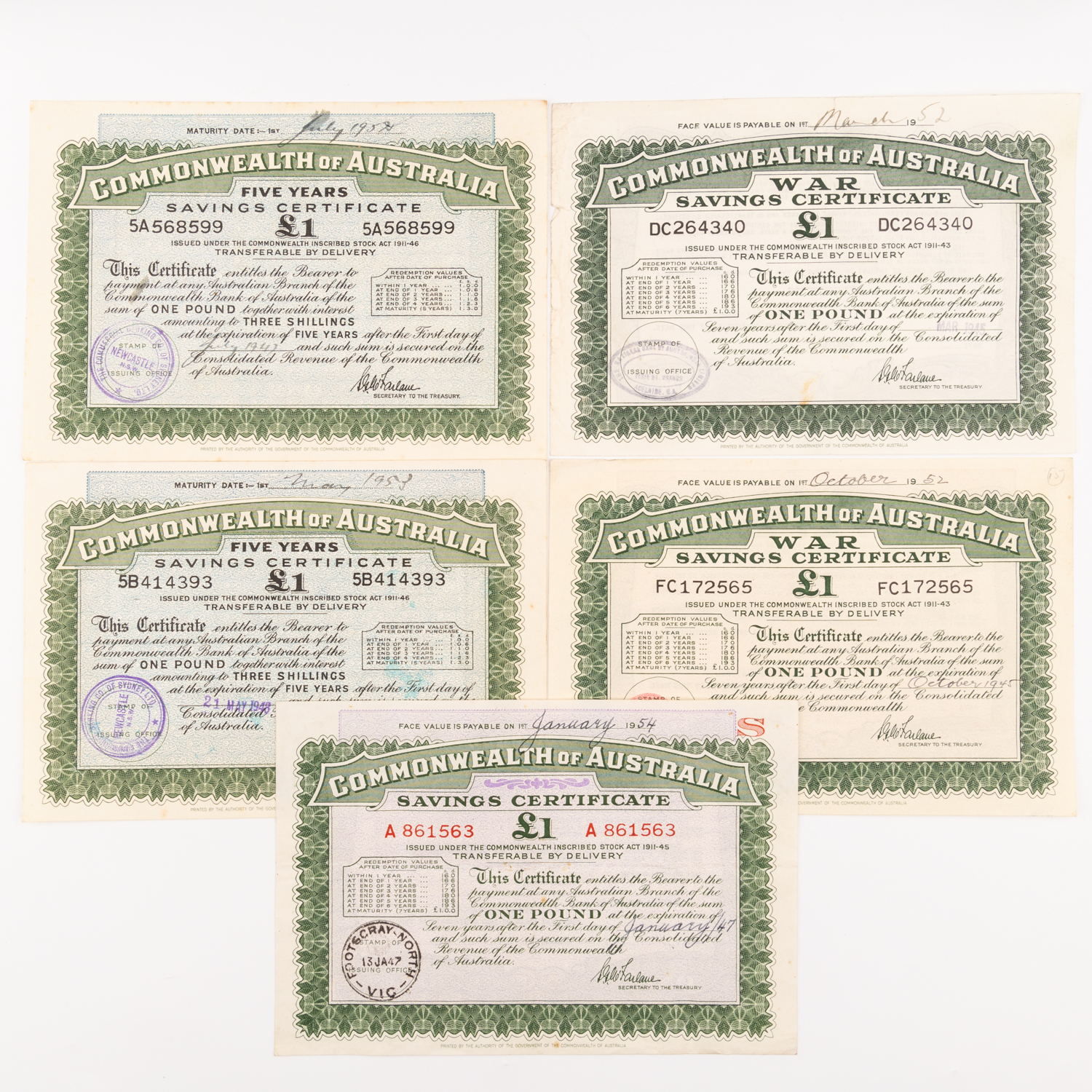Commonwealth of Australia - Five Years Savings Certificate, One Pound, 1952 - 1954, F - EF