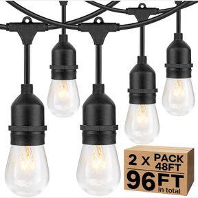 2-PACK 48FT OUTDOOR STRING LIGHTS WITH DIMMABLE 11W EDISON VINTAGE BULBS 15 SOCKETS, WATERPROOF COMMERCIAL GRADE PATIO HANGING LIG