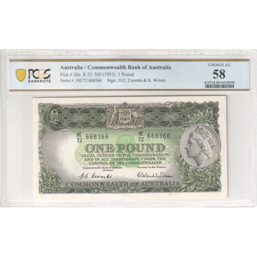 Commonwealth Bank of Australia, Sign.: H.C. Coombs & R. Wilson, One Pound, ND (1953), PCGS Choice AU 58