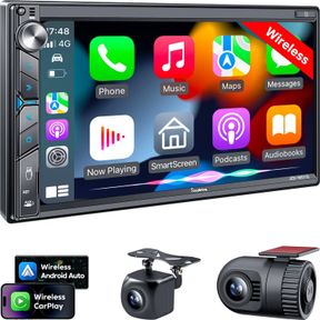 SJOYBRING UPGRADE WIRELESS DOUBLE DIN CAR STEREO WITH APPLE CARPLAY, ANDROID AUTO, DASH CAM, BLUETOOTH, 4-CHANNEL RCA, 2 SUBWOOFER