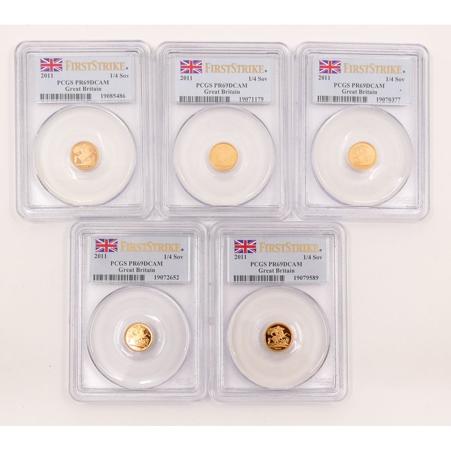 5pc Great Britain 2011 1/4 Sovereign Gold Coins, PCGS PR69 DCAM