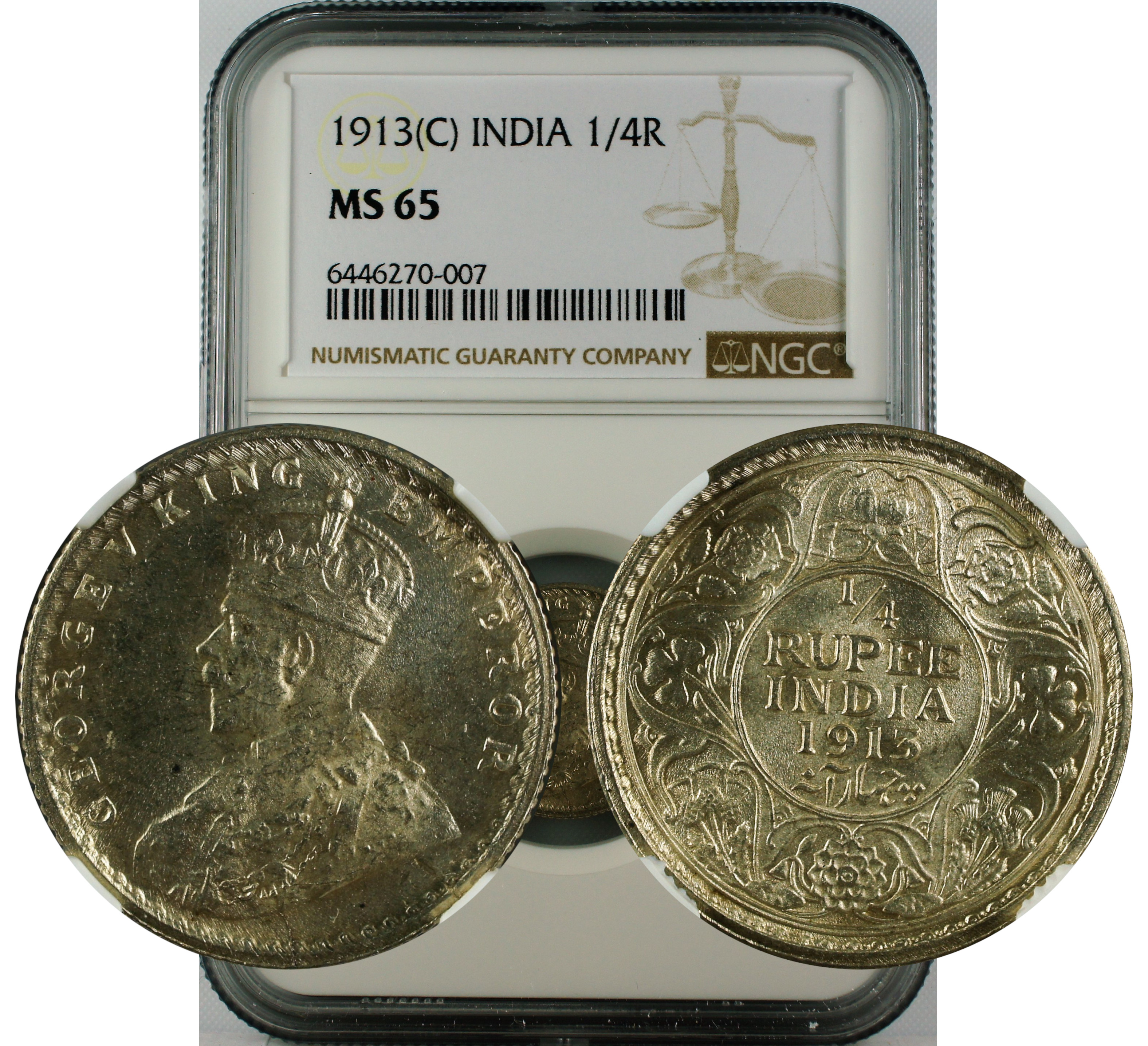 1913 C INDIA 1/4 RUPEE MS65
