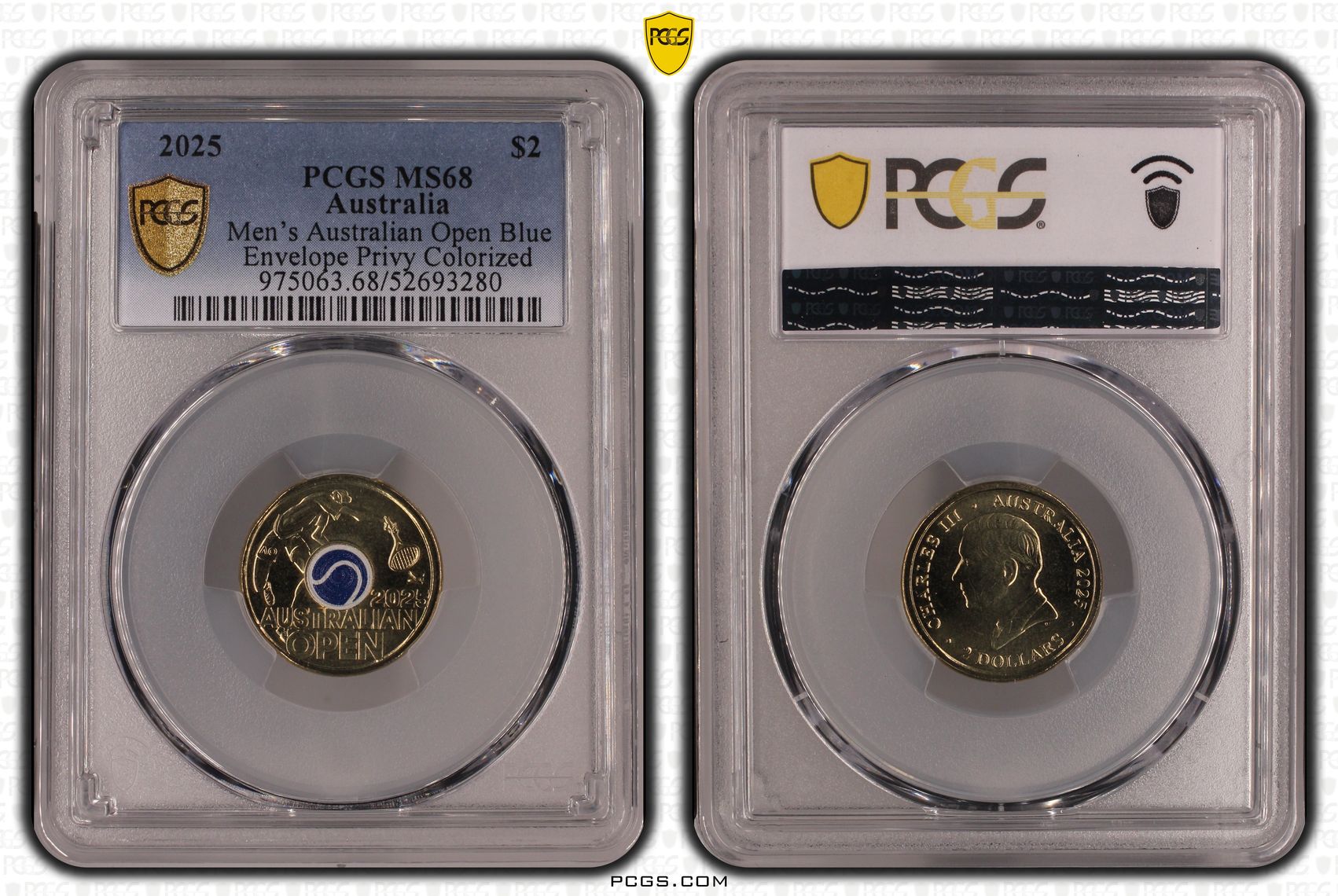 Mens Australian Open Blue Envelope Privy Colorized, Two Dollar, 2025, PCGS MS68