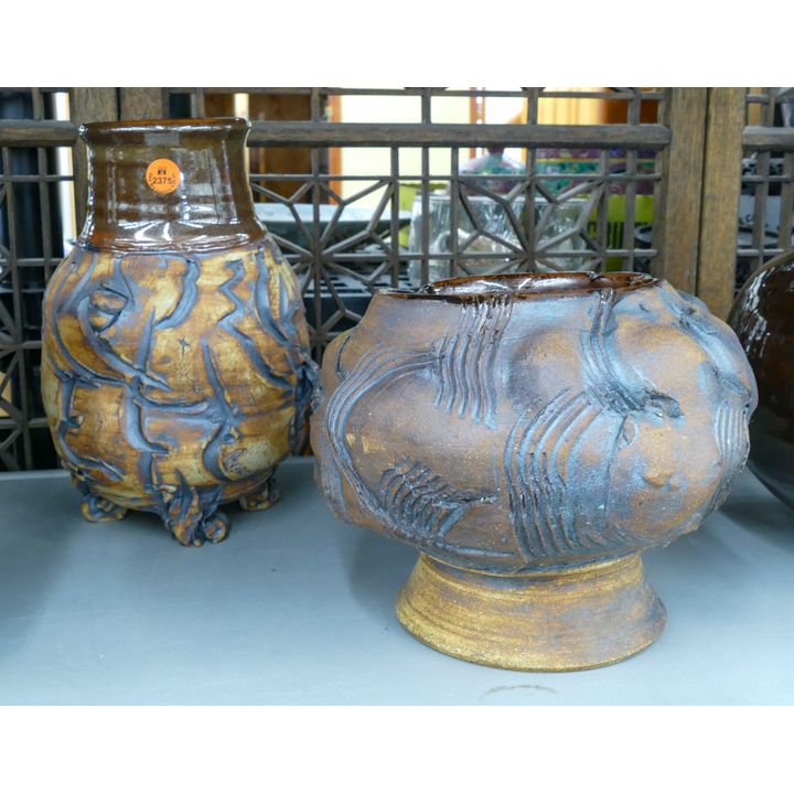 2pc Ed Brannan Altered Form Pottery Vessels 7'' to 10''
