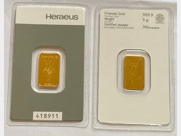 2 X HERAEUS 5 GRAM BARS 999.9 FINE GOLD SEALED (TOTAL 10G)