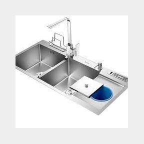 SS Double Bowl Ktchen Sink with Drainboard and Rubbish Bin | PK 51673/9693 B4 (S7)