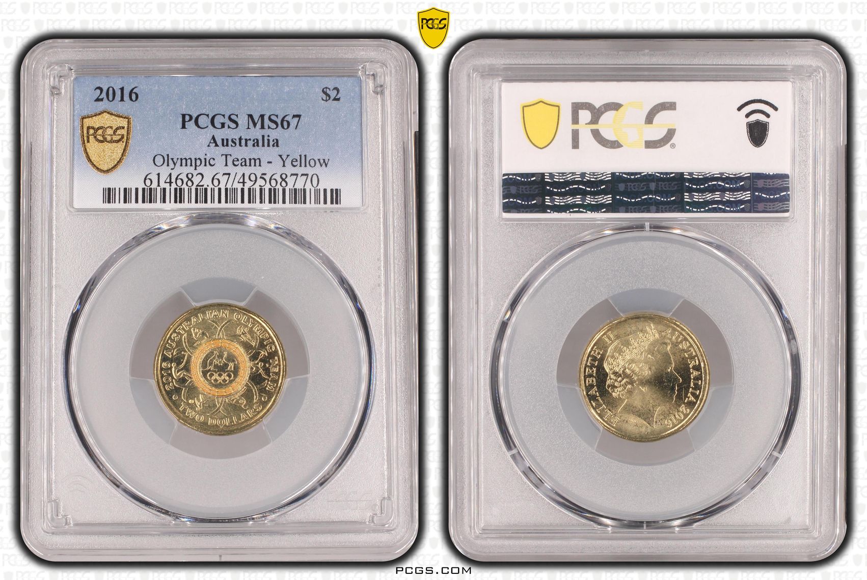Olympic Team - Yellow Colourised, Two Dollar, 2016, PCGS MS67