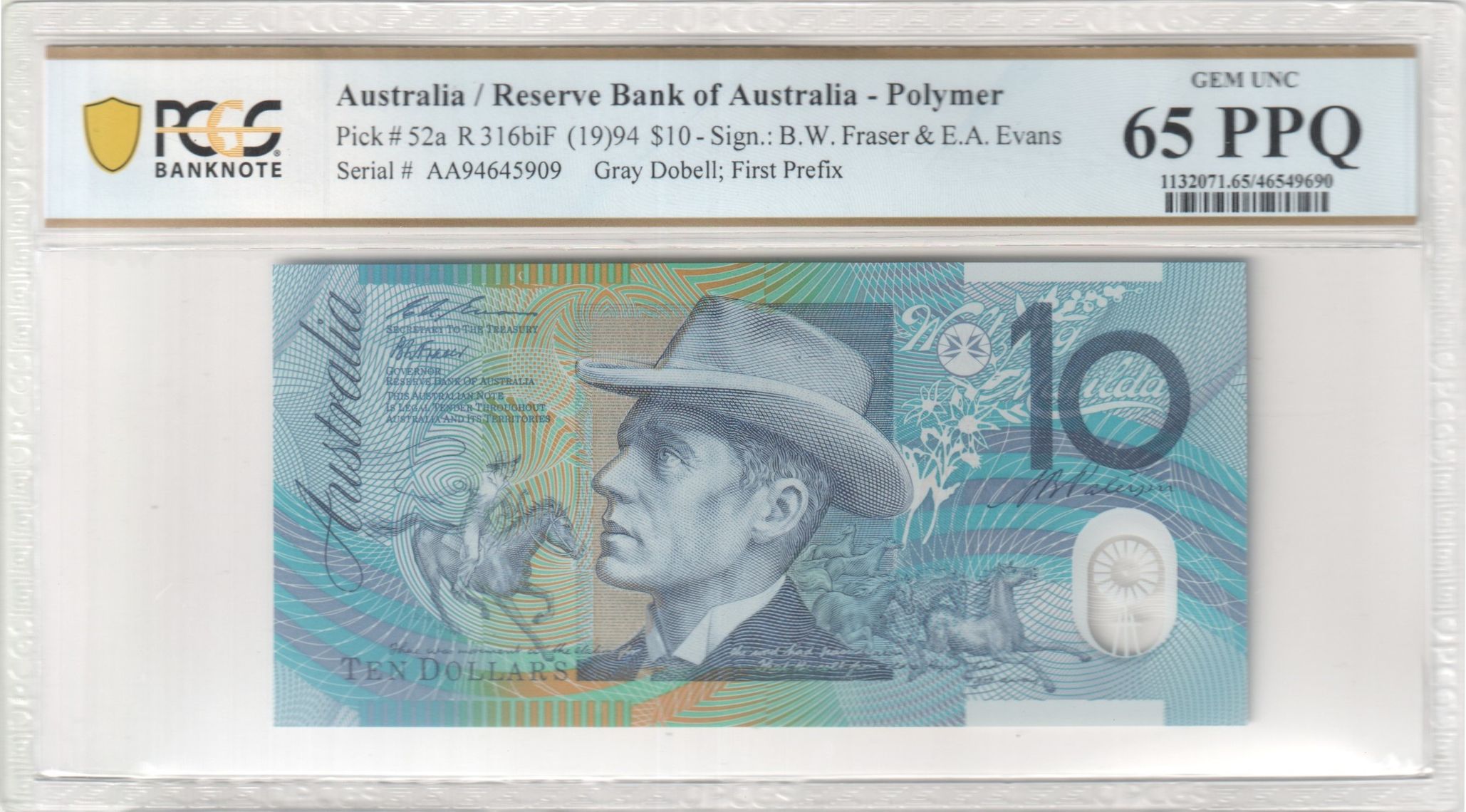 Fraser/Evans, Gray Dobell; First Prefix, Ten Dollar, 1994, PCGS Gem UNC 65 PPQ