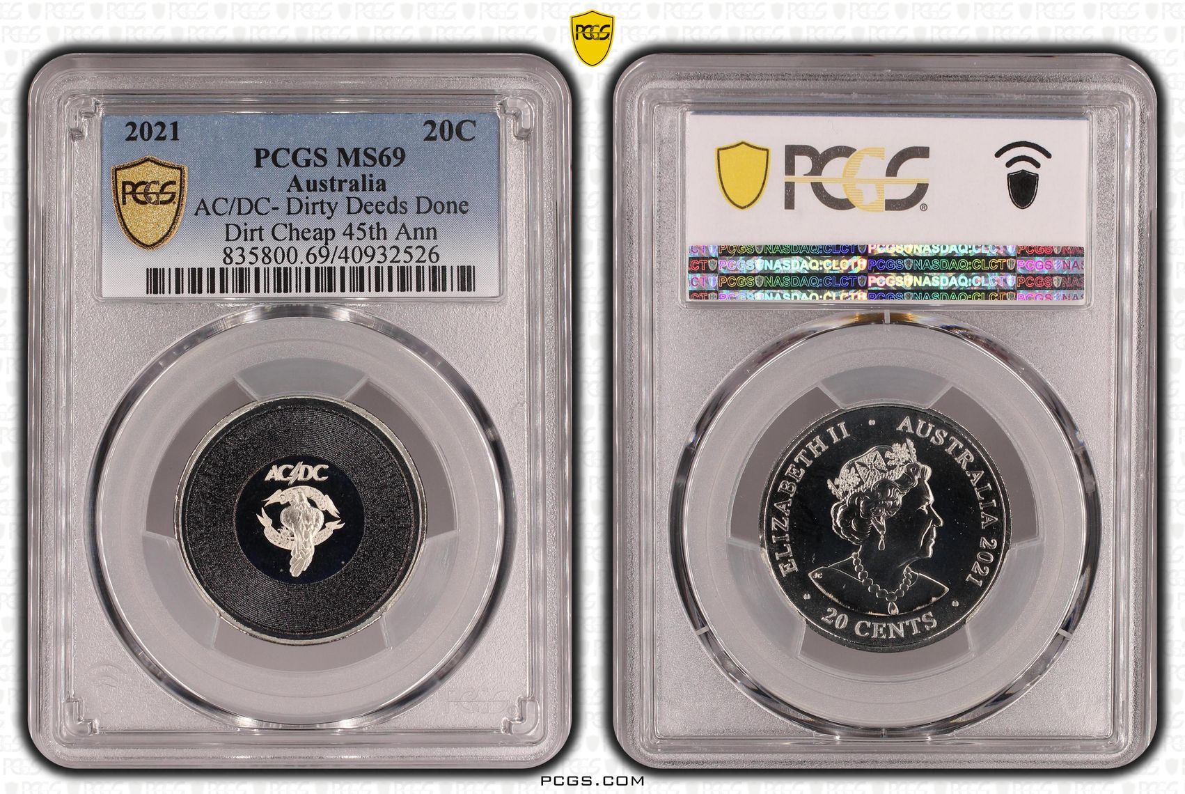 297 · AC/DC- Dirty Deeds Done Dirt Cheap 45th Anniversary, Twenty Cent, 2021, PCGS MS69