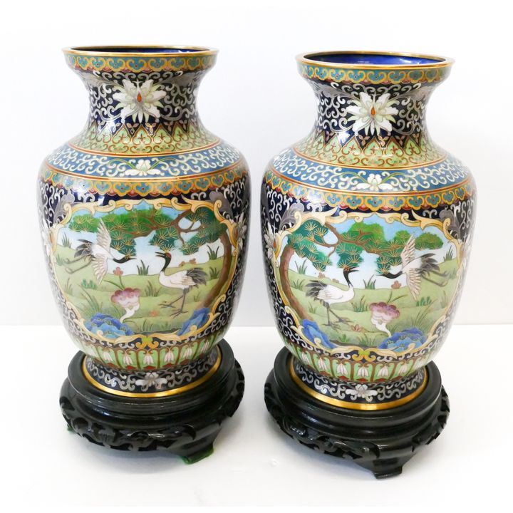 Pair Chinese Cloisonne Crane Vases on Stands- 10.5''