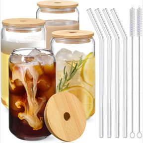 DRINKING GLASSES WITH BAMBOO LIDS AND GLASS STRAW 4PCS SET - 16OZ GLASS CUPS, ICED COFFEE GLASSES, CUTE ICED TEA GLASSES, BEER GLA