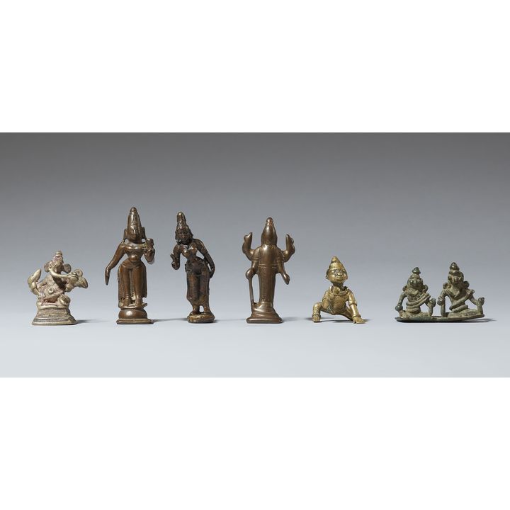 Six copper alloy figures of various deities from various regions. India. 19th century