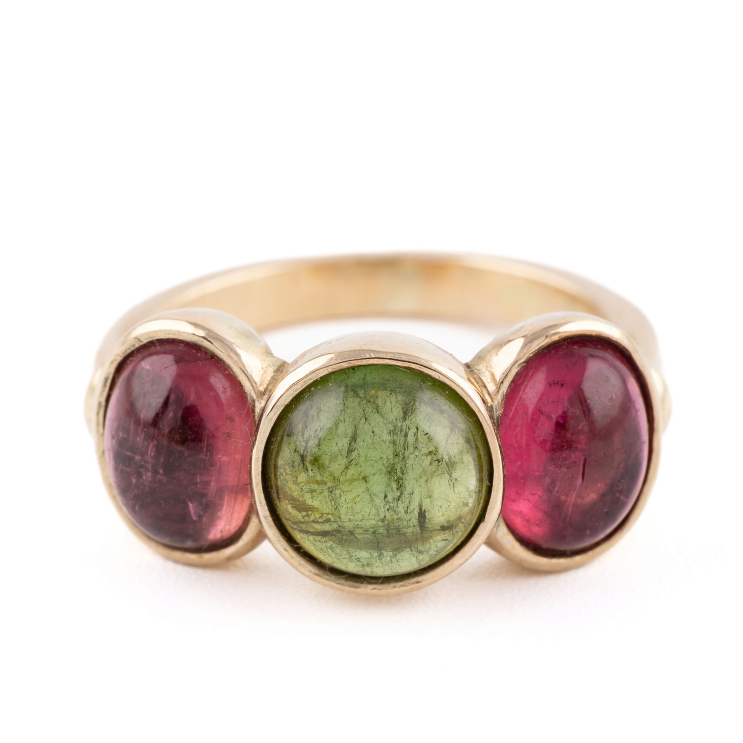 428 · Tourmaline Three Stone Cabochon Ring 9ct