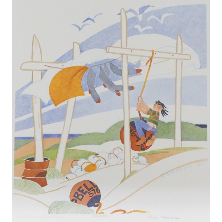 Rie Munoz "Float Swing, Dry Bay" 1991 Signed Print 15.25" x 14" Sheet.