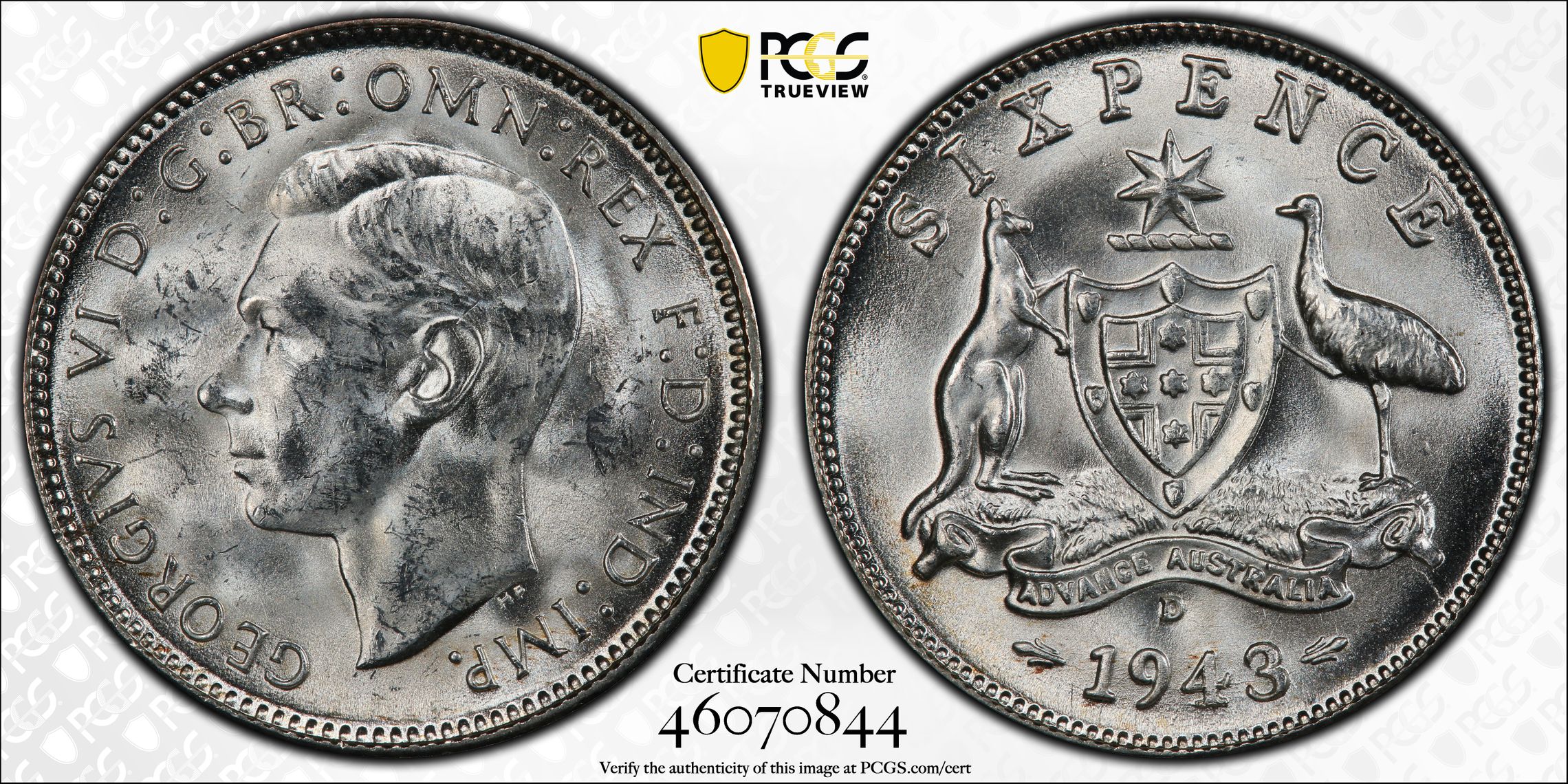 1943-D Australia Sixpence PCGS - MS64 -844